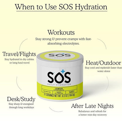 SOS Hydration Electrolyte Powder Drink Mix | Bulk 31 Servings | – Low Sugar | 15 Calorie Keto-Friendly & Rapid Rehydration| Lemon Flavor
