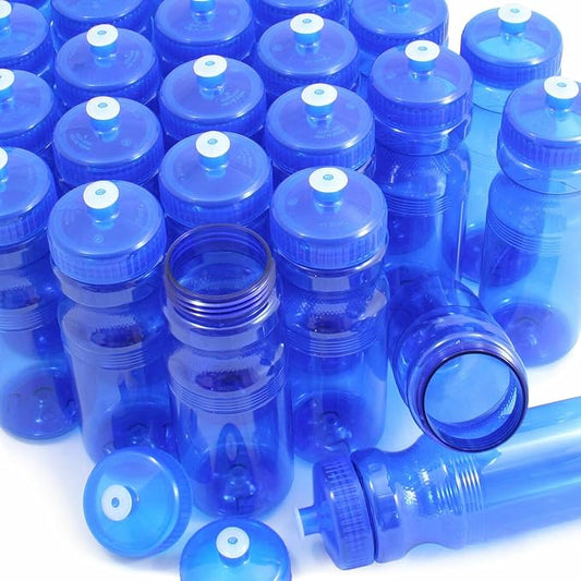 Rolling Sands USA Made 24 Ounce Sports Water Bottles - 100 Pack BPA-Free Blank Plastic Bottles for Group Use, Fitness Classes & Events - Translucent Blue Bottle/Blue Lid