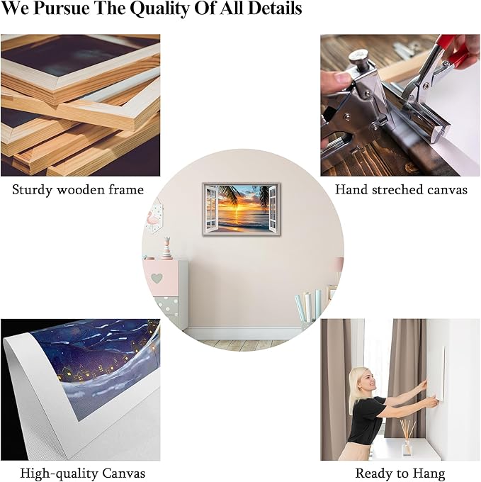 ANRUOXI Beach Picture Wall Art for Living Room, Ocean & Sunset Painting Decor for Bedroom, White Window Frame Style Sea Canvas Wall Decor, Summer Coastal Landscape Artwork for Home Office 24x36 Inch