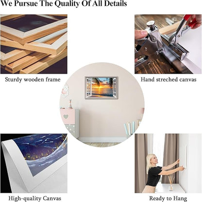 ANRUOXI Beach Picture Wall Art for Living Room, Ocean & Sunset Painting Decor for Bedroom, White Window Frame Style Sea Canvas Wall Decor, Summer Coastal Landscape Artwork for Home Office 24x36 Inch