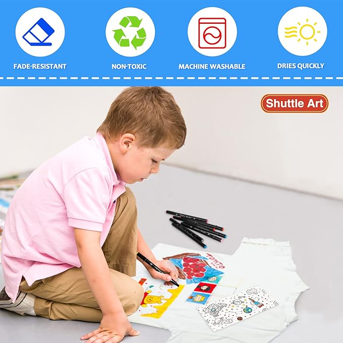 Shuttle Art Fabric Markers Pens, 30 Colors Dual Tip Fabric Marker Permanent No Bleed Markers for T-Shirts Sneakers, Non-Toxic & Child Safe Permanent Fabric Pens for Kids Adult Painting Writing