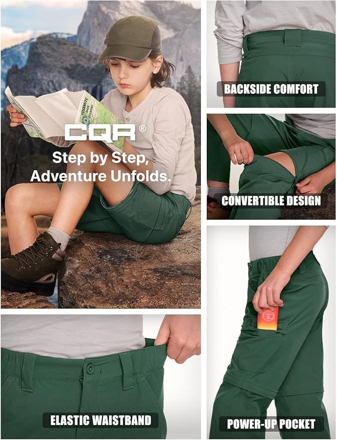 CQR Kids Youth Hiking Cargo Pants, UPF 50+ Quick Dry Convertible Zip Off Pants, Outdoor Camping Pants