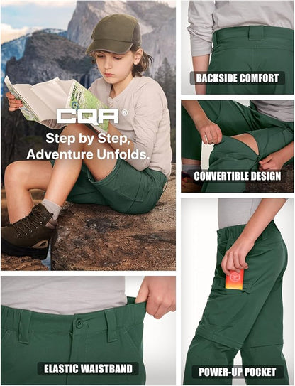 CQR Kids Youth Hiking Cargo Pants, UPF 50+ Quick Dry Convertible Zip Off Pants, Outdoor Camping Pants