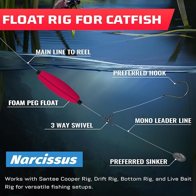 Narcissus Fishing Slotted Peg Float – Slip Bobbers for Fishing, Catfishing Tackle, Fishing Bobbers for Bass, Santee Rig, Easy Line Insertion, No Threading