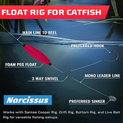 Narcissus Fishing Slotted Peg Float – Slip Bobbers for Fishing, Catfishing Tackle, Fishing Bobbers for Bass, Santee Rig, Easy Line Insertion, No Threading