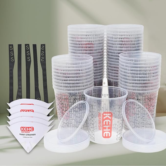 60 PACK Paint Mixing Cups by KEHE REFINISH,38 oz (1100ml),Disposable or Reusable Plastic Measuring Cups with Lids for Liquids, Paints, Resin, Epoxy, Art,Ratios 1:1,2:1, 3:1, 4:1,5:1,6:1,7:1,8:1