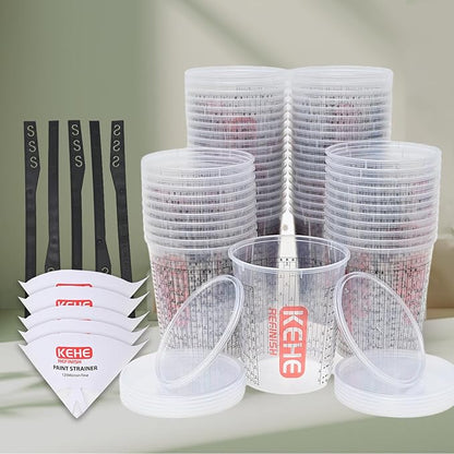 60 PACK Paint Mixing Cups by KEHE REFINISH,38 oz (1100ml),Disposable or Reusable Plastic Measuring Cups with Lids for Liquids, Paints, Resin, Epoxy, Art,Ratios 1:1,2:1, 3:1, 4:1,5:1,6:1,7:1,8:1