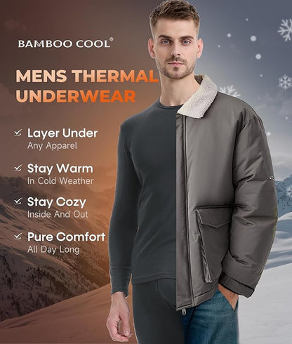 BAMBOO COOL Men's Thermal Underwear with Soft Fleece Lined Base Layer Cold Weather Top Bottom Gift Set