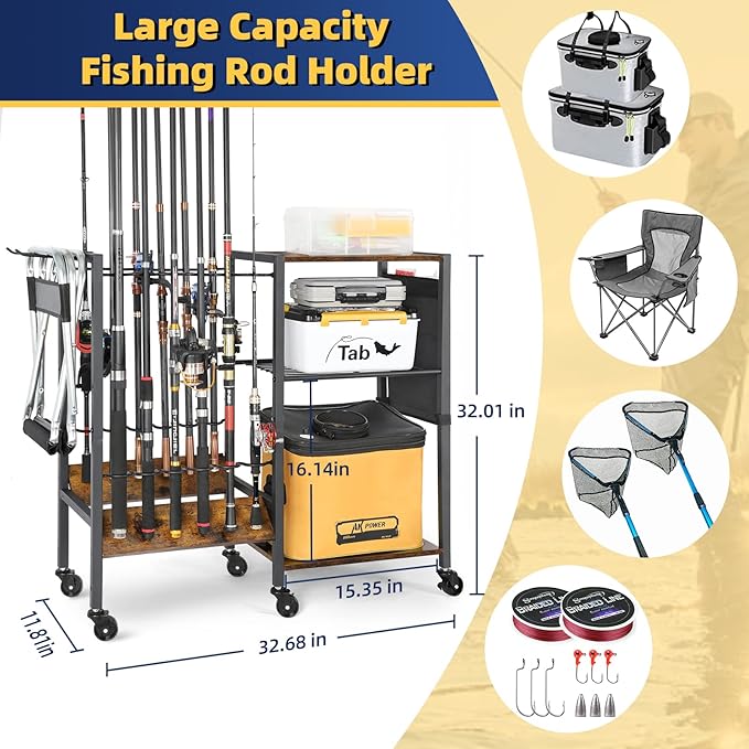 Olakee Fishing Rod Holder, Fishing Pole Holders for Garage Boat Home Entryway Fishing Gear Storage with Tackle Cart Ideal Gift for Men Dad Anglers Corner Design for Rods and Equipment Organizers