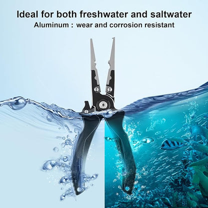 Aluminum Alloy Fishing Pliers, Corrosion Resistant,Multifunctional Hook Remover with 2 Sheaths,Safety Lock, Fishing Line Cutting,Tungsten Carbide Cutters, 8 Inch Lightweight Fishing Tool