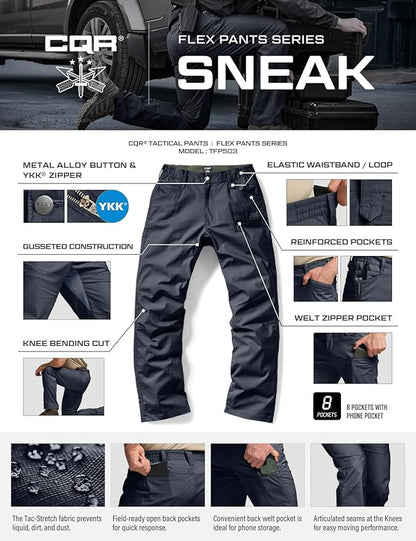 CQR Men's Flex Stretch Tactical Pants, Water Resistant Ripstop Cargo Pants, Lightweight EDC Outdoor Work Hiking Pants