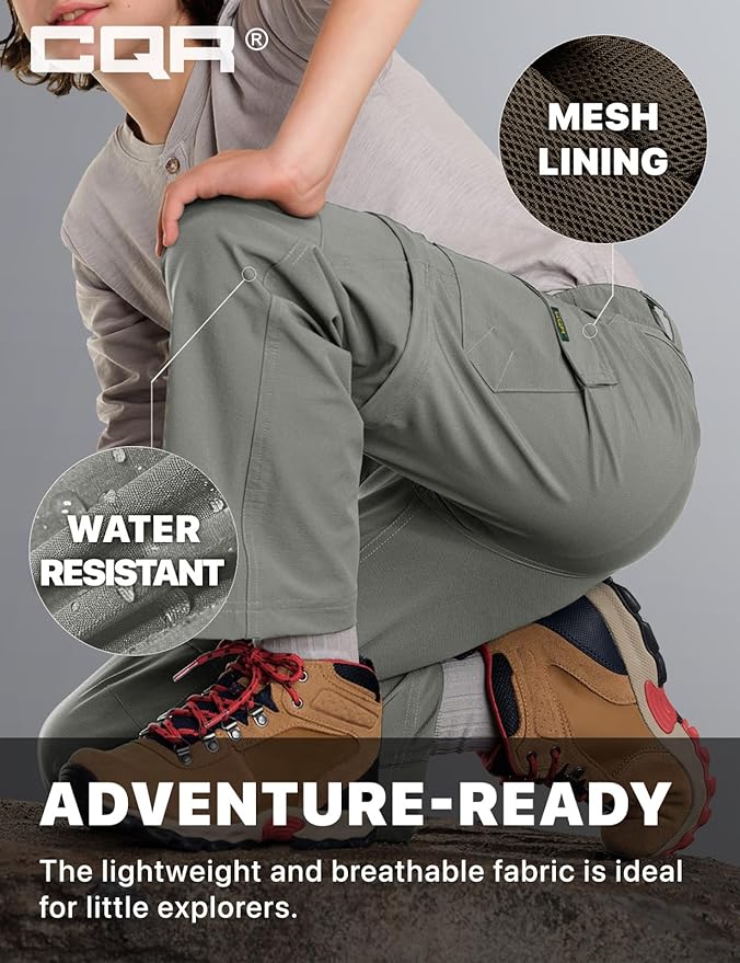 CQR Kids Youth Hiking Cargo Pants, UPF 50+ Quick Dry Convertible Zip Off Pants, Outdoor Camping Pants