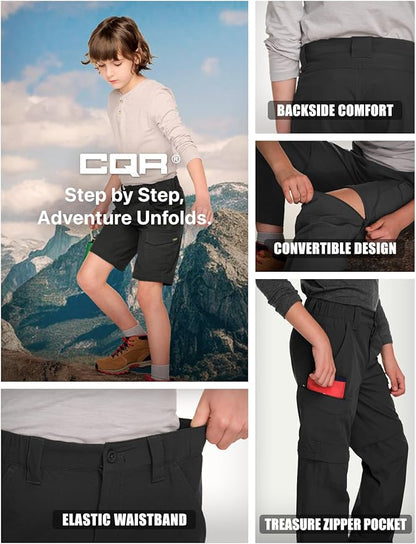 CQR Kids Youth Hiking Cargo Pants, UPF 50+ Quick Dry Convertible Zip Off Pants, Outdoor Camping Pants