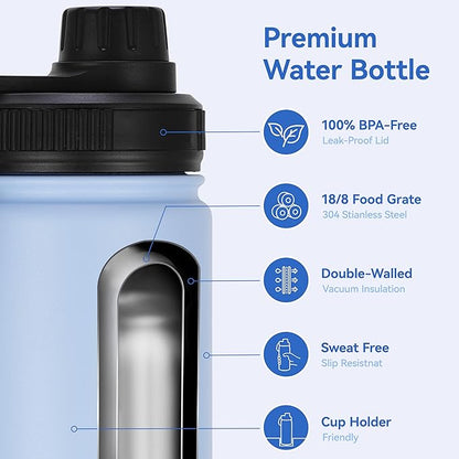 DOMICARE 16 oz Kids Water Bottle for School Stainless Steel Double Wall Vacuum Insulated Water Bottle with Straw lids & Spout Lid, Leakproof BPA Free (Light Blue,1)