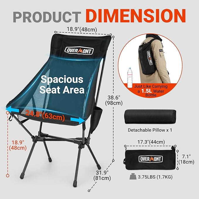 Overmont Portable High-Back Camping Chair - 440LBS Support Oversized Lightweight Folding Backpacking Chair for Adults - Compact with Detachable Pillow for Outdoor Travel Hiking Beach Fishing