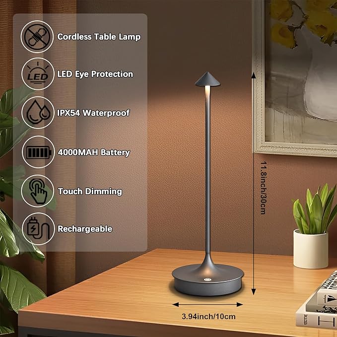 Cordless Table Lamp Rechargeable LED Table Lamps Battery Operated 4000mAh Touch Dimmable Wireless Lamp Waterproof Portable Outdoor Table Light for Restaurants and Dining Home Indoor/Outdoor Use