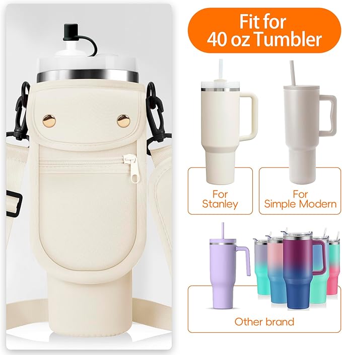 Water Bottle Carrier Bag with Phone Pocket for Stanley 40/30 oz Tumbler Neoprene Insulated Mug Sleeve Pouch with 2 Pockets & Adjustable Strap & Straw Cover for Stanley Cup Accessories
