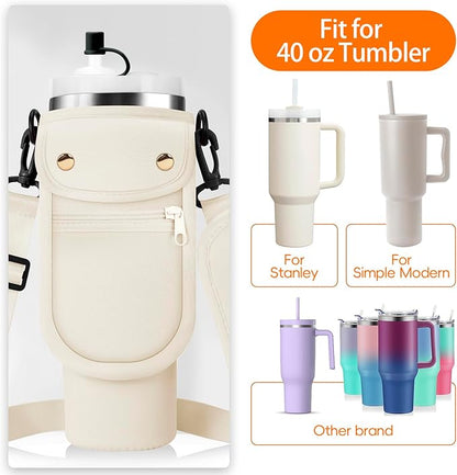 Water Bottle Carrier Bag with Phone Pocket for Stanley 40/30 oz Tumbler Neoprene Insulated Mug Sleeve Pouch with 2 Pockets & Adjustable Strap & Straw Cover for Stanley Cup Accessories