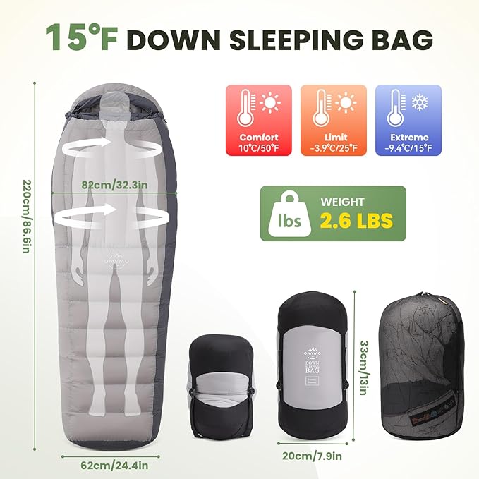 -10°F 0°F 10°F 15°F Down Sleeping Bag for Adults,800/650 Fill Power,Ultralight Wearable 4 Season Cold Weather Rectangle Sleeping Bag for Camping Hiking,Can be Used as a Down Blanket or Cloak