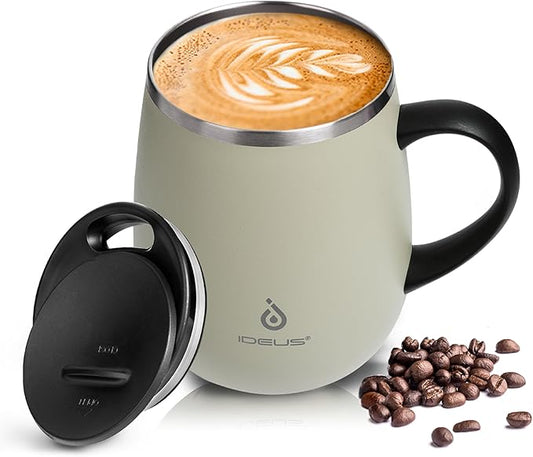 Ideus 16 oz (470 ml) Insulated Coffee Mug with Handle and Lid, Double Wall Stainless Steel Vacuum Thermal Coffee Mug, Travel Coffee Cup Thermal Cup for Home and Office (Celadon)