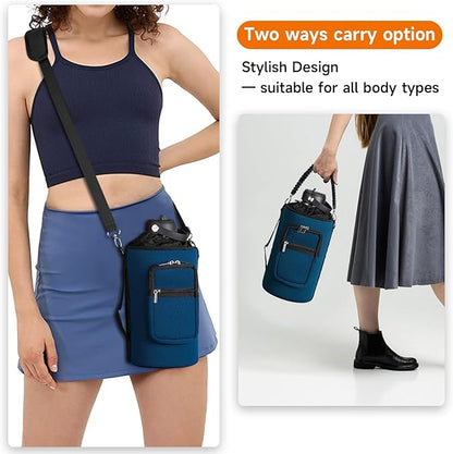 32/40/64/128 oz Neoprene Insulated Water Bottle Carrier Bag, Sling Bag Sleeve Pouch Holder with Strap & Paracord Handle and 2 Pocket for Travelling, Hiking, Camping