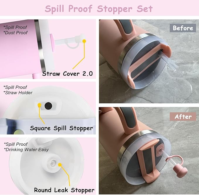 Stanley Cup Accessories Set,Including 2 Pcs 0.4in Straw Cover, 1 Silicone Spill-Proof Stopper Set of 3, 1 Cute Flower Handle Charm, 1 Silicone Boot Fits Stanley 40&30 Oz Tumbler (Lavender Pink)