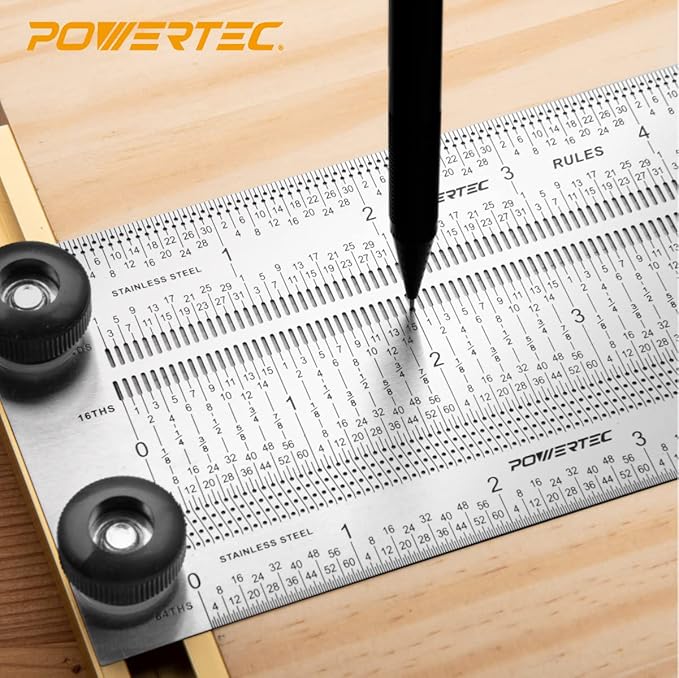 POWERTEC 80025 12 Inch Precision Marking T Rule, Stainless Steel Woodworking T Square Ruler for Marking, Measuring, Scribing Tool