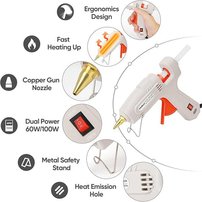 ROMECH Full Size Hot Glue Gun with 60/100W Dual Power and 21 Hot Glue Sticks (7/16"), Fast Preheating Heavy Duty Industrial Gluegun with Storage Case for Crafting, DIY and Repairs (White)