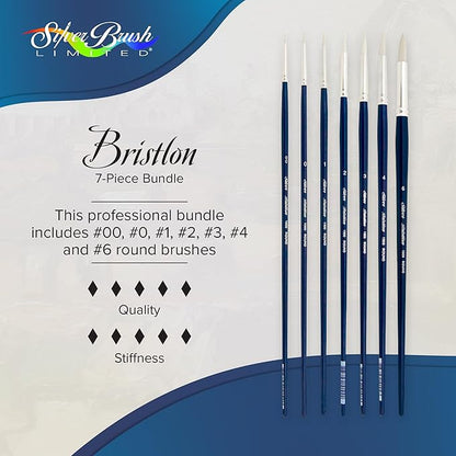 Silver Brush Limited BR-1950 Bristlon Long Handle Round Brushes with Stiff White Synthetic Tips, 7pc Premium Painting Set for Acrylic, Oils, Gouache, Watercolor & All Media, Sizes 00, 0, 1, 2, 3, 4, 6