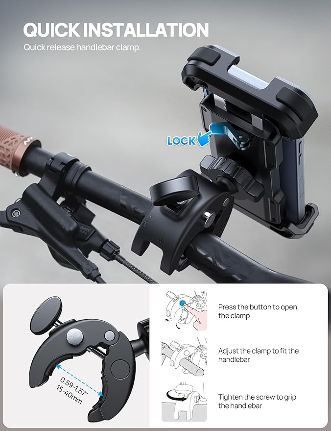 Aomiker Bike Motorcycle Phone Holder Mount - [2025 Quick Release] Bike Phone Holder Handlebar Clamp, Bicycle Scooter Phone Clip for iPhone 16 15 14 13 12 11 Pro Max Plus Mini, 4.7-6.8" Smartphone