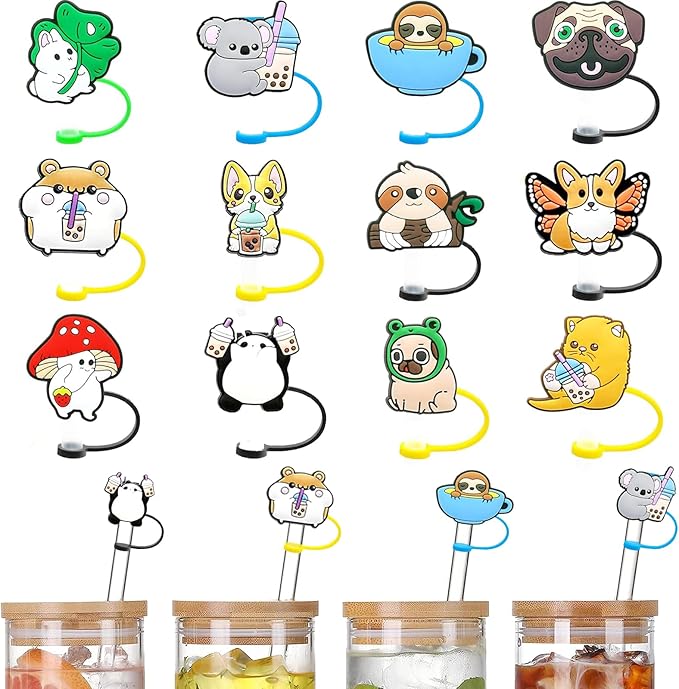 Stanley Cup Accessories Set Including 12 Pcs Straw Cover Cap for 7-8mm (0.27-0.32 inches) Straws, Cute Animal Drinking Straw Plugs for Stanley 40oz & 30oz Tumbler Cups Kids Party Favor