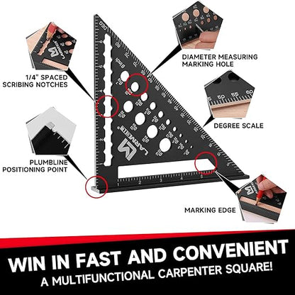 Carpenter Square 7 Inch Rafter Square Tool, Multi-Purpose Farming Carpenter Tools, Woodworking Square Laser Scales Anodized Ruler Body, Aluminum Metal Squares, Black