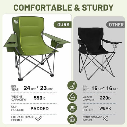 TIMBER RIDGE Oversized Folding Camping Chair for Adults, Support 550 LBS Heavy Duty with Cup Holder Side Pocket for Camp, Lawn, Picnic, Green, 2 Pack