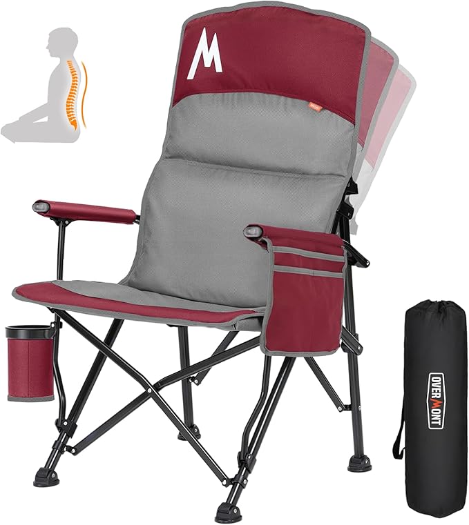 Overmont Back Support Camping Chair for Adults - Oversized with Adjustable High Backrest - Heavy Duty Folding Chair Supports 450 LBS - Cup Holder & Side Pocket – Perfect for Outdoor, Lawn, Beach Use