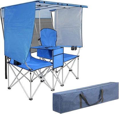 Double Beach Chair with Canopy Shade,Heavy Duty Camping Chair for Aduls,Folding Beach Chair with Cup Holder Cooler Bag for Sports Beach Outside（Blue）