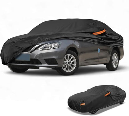 Waterproof All-Weather Universal Car Cover with Right Side Zipper, 210T-PU Black Fits for Sedan 190" to 198" Length