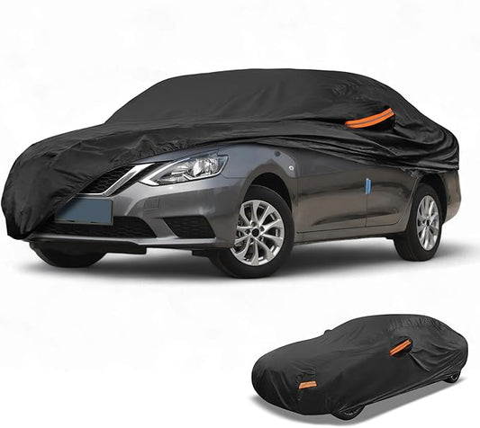 Waterproof All-Weather Universal Car Cover with Right Side Zipper, 210T-PU Black Fits for Sedan 190" to 198" Length