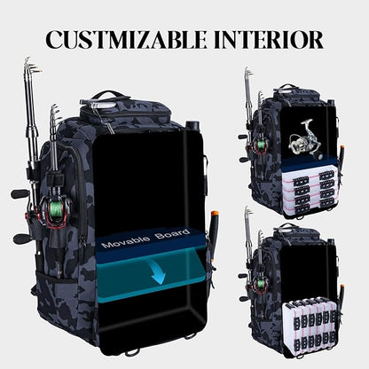 Goture 40L Fishing Tackle Backpack with Cooler and Removable Bait Binder, 900D Water-Resistant Tackle Backpack with 2 Rod Holders, Fishing Bag Storage Gear Tackle Bag with Rain Cover Camouflage