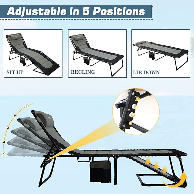 Oversized Padded Outdoor Folding Lounge Chair for Adults 330Ibs Patio Chaise Lounge for Outside 5-Position Adjustable Reclining Beach Chair with Pillow Pocket