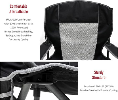 SUNNYFEEL Oversized Folding Camping Chair 500 LBS Heavy Duty Lawn Chairs for Adults Black Portable Folding with Armrest, Cup Holder, Pocket ＆Bag for Outdoor Camping/Beach/Travel/Picnic/Fishing