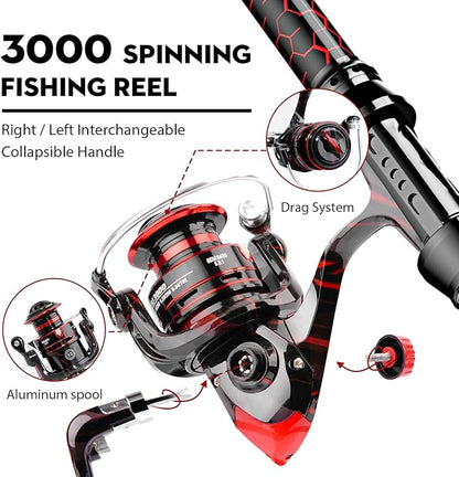 Fishing Rod and Reel Combos, Unique Design with X-Warping Painting, Carbon Fiber Telescopic Fishing Rod with Reel Combo Kit with Tackle Box, Best Gift for Fishing Beginner and Angler