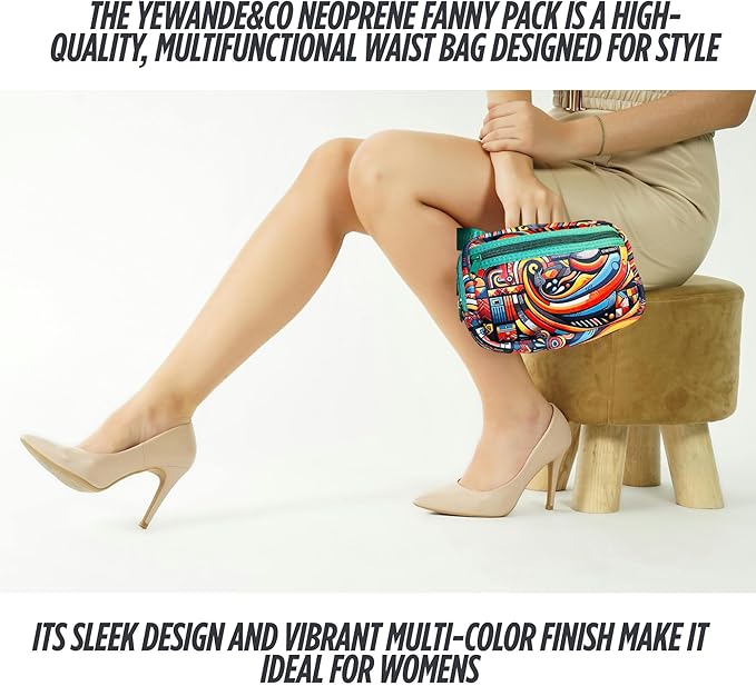 Yewande&co Neoprene Fanny Pack Belt Bag – Lightweight Waterproof Waist Bag with Adjustable Strap, 3 Zippered Pockets, Crossbody Belt Bag for Travel, African Design Crossbody Bags (Oceans)