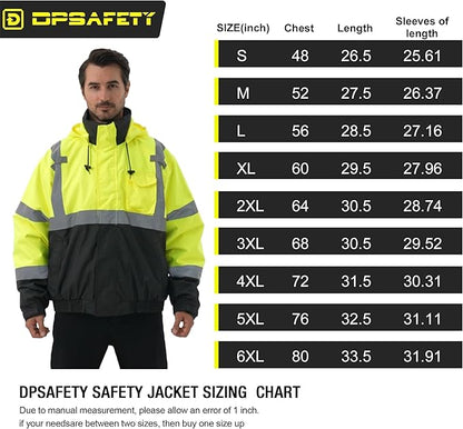 3 in 1 Safety jacket,Reflective high Visibility Hooded jacket,Hi Vis Bomber Jacket shell and fleece lining,Waterproof,ANSI Class 3 Black Bottom Lime,XL
