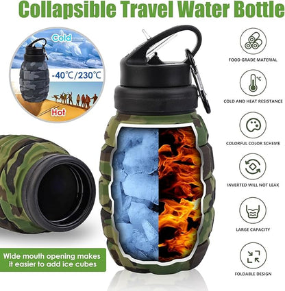 Collapsible Travel Water Bottle18oz, Reuseable Silicone Foldable Water Bottles for Gym Camping Hiking, Portable Leak Proof Sports Water Bottle with rugby Carabiner (Green)