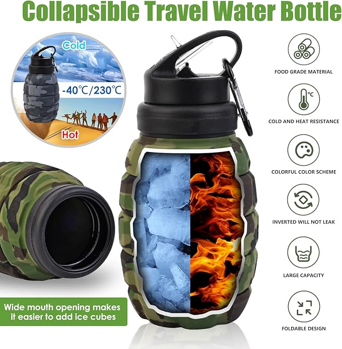 Collapsible Travel Water Bottle18oz, Reuseable Silicone Foldable Water Bottles for Gym Camping Hiking, Portable Leak Proof Sports Water Bottle with rugby Carabiner (Grey)