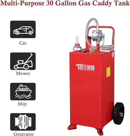 TUFFIOM 30 Gallon Fuel Gas Caddy w/Wheels & Manual Siphon Pump,Portable Diesel Fuel Transfer Storage Tank w/8.9ft Hose,Gasoline Can Container for ATV Car Mowers Tractor Boat