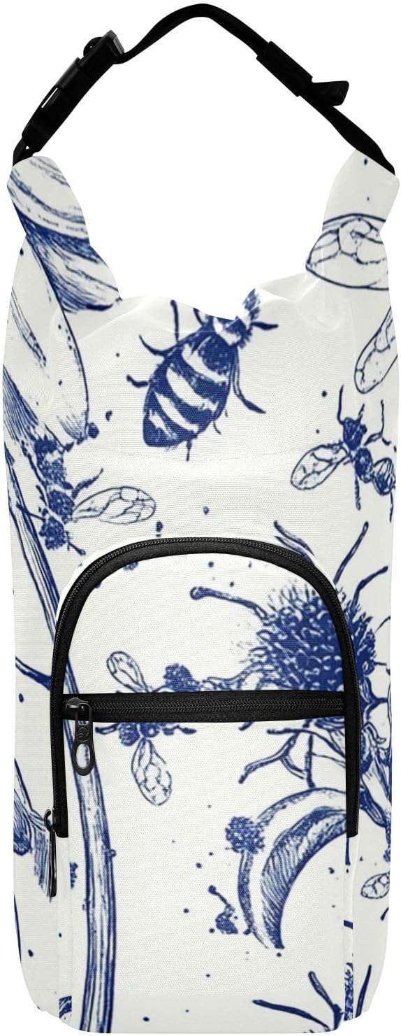 Ink Bees Daisy Water Bottle Holder with Strap Insulated Water Bottle Carrier Crossbody Bags Pouch with Phone Pocket for Travel Gym Hiking Walking Running