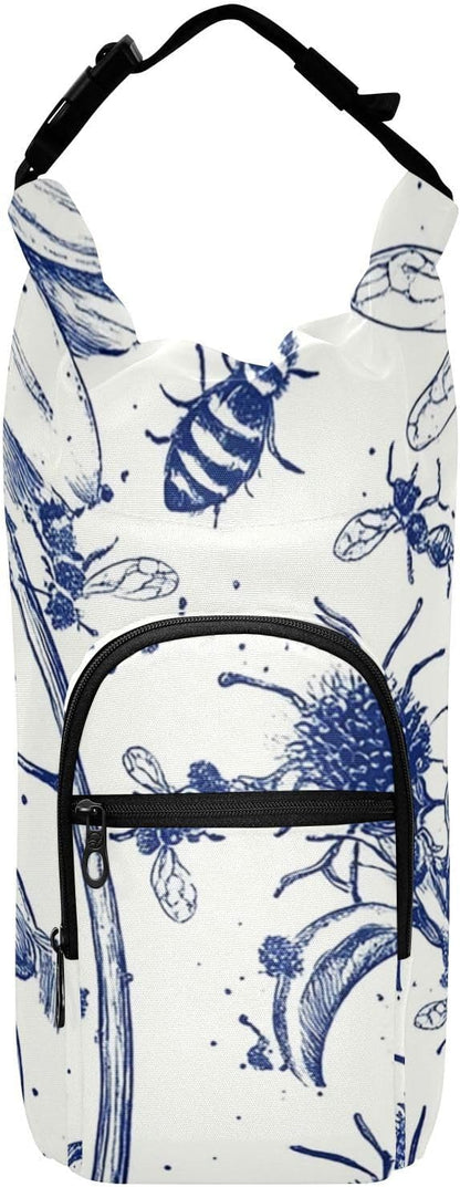 Ink Bees Daisy Water Bottle Holder with Strap Insulated Water Bottle Carrier Crossbody Bags Pouch with Phone Pocket for Travel Gym Hiking Walking Running