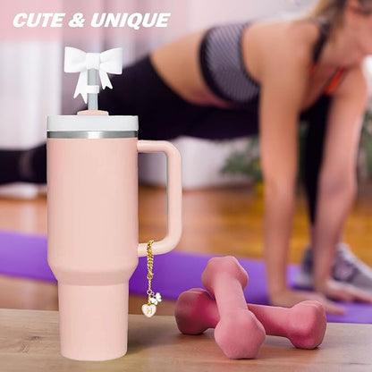 Bow for Stanley Straw Topper- 3pcs Cute Cup Bow Straw Cover Silicone Cap 10mm with 2pcs Initial Letter Charms Name Id Personalized Accessories 40/30 Oz Tumbler Water Bottle Cups White-H