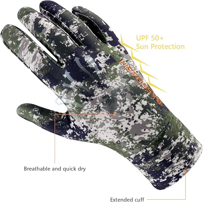 BASSDASH Men’s Camo Hunting Gloves UPF 50+ Lightweight Touchscreen Gloves for Warm Weather Fishing Hiking Outdoor Activities